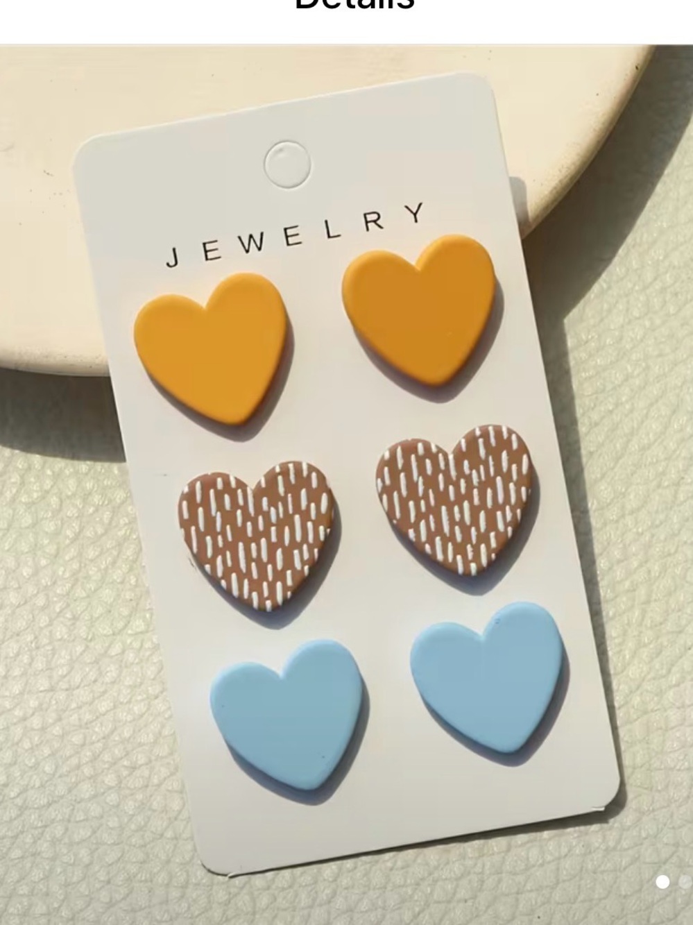 Heart Stud Earring Set - Mustard, Brown Pattern & Light Blue